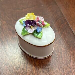 Vintage Crown Staffordshire Oval Fine Bone China Trinket Box w/ Painted Flowers